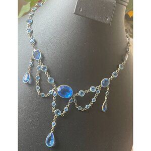 Antique Czech? Art Nouveau Festoon Faceted Bezel Set Glass Dangle Necklace Silve